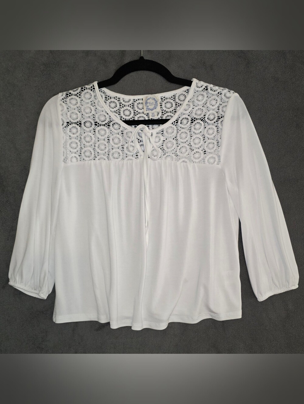 Blue Rain White Crochet Yoke Women's Top - Soft Tie Neck Size XS EUC